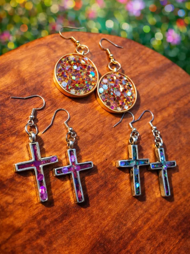 Cross earrings with glitter inlay