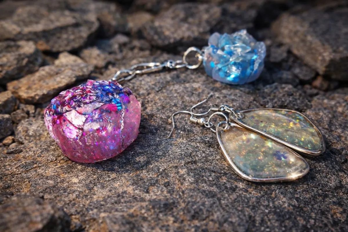 Resin rose keychains and opal drop earrings fitted with silver clasps and hooks